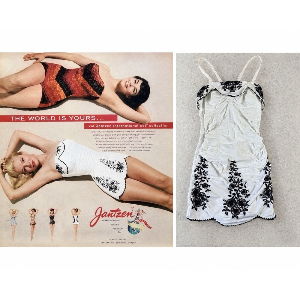 Vtg 1950s Jantzen Pinup Romper Swimsuit Embroidered Chilean Design White‎ Small